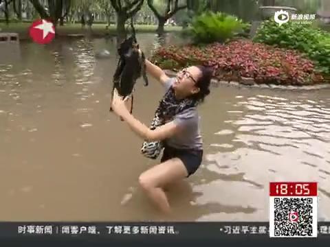 [视频]复旦校园遭大雨淹成泽国  学生出门持捅捞鱼